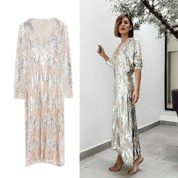 Zara Silver Sequin Maxi Dress Dolman Long Sleeve Metallic Blogger Fave Small - Picture 2 of 16
